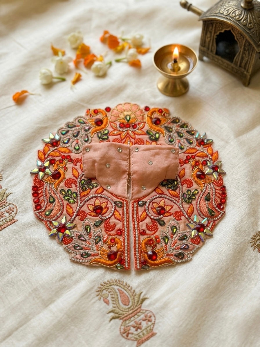 Premium Hand-Embroidered Peacock Motif Laddu Gopal Poshak – Cream & Peach Artisan Edition