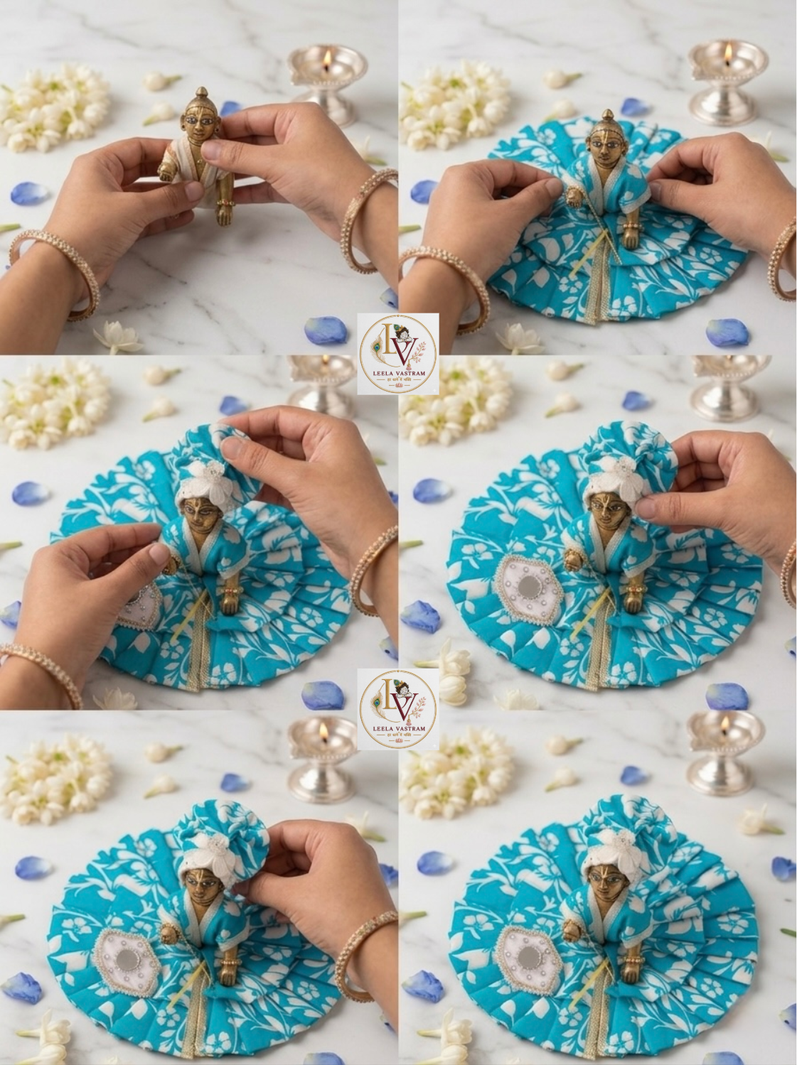 Blue Floral Cotton Laddu Gopal Poshak Set with Mukut, Attached Choli & FREE Handmade Hath Pankha
