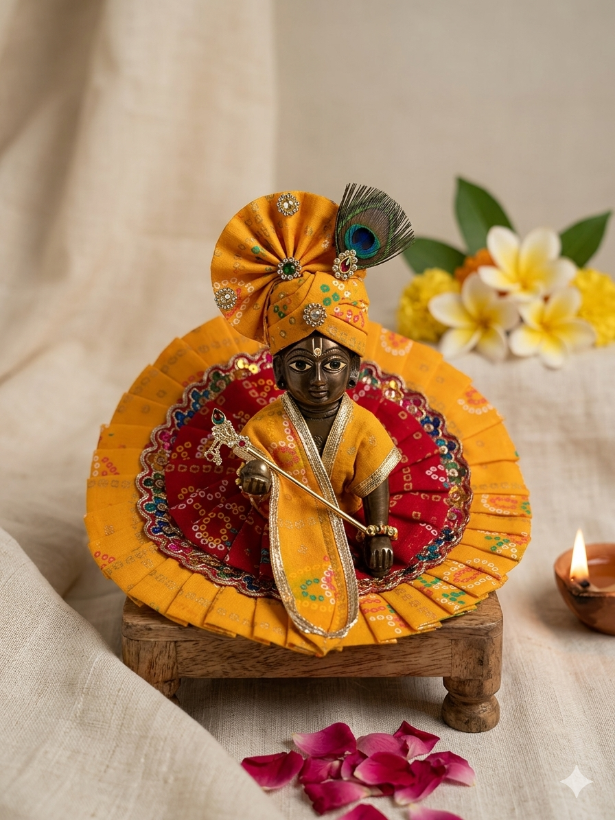 Yellow Bandhani Laddu Gopal Poshak Set | Premium Handmade Shringar Dress