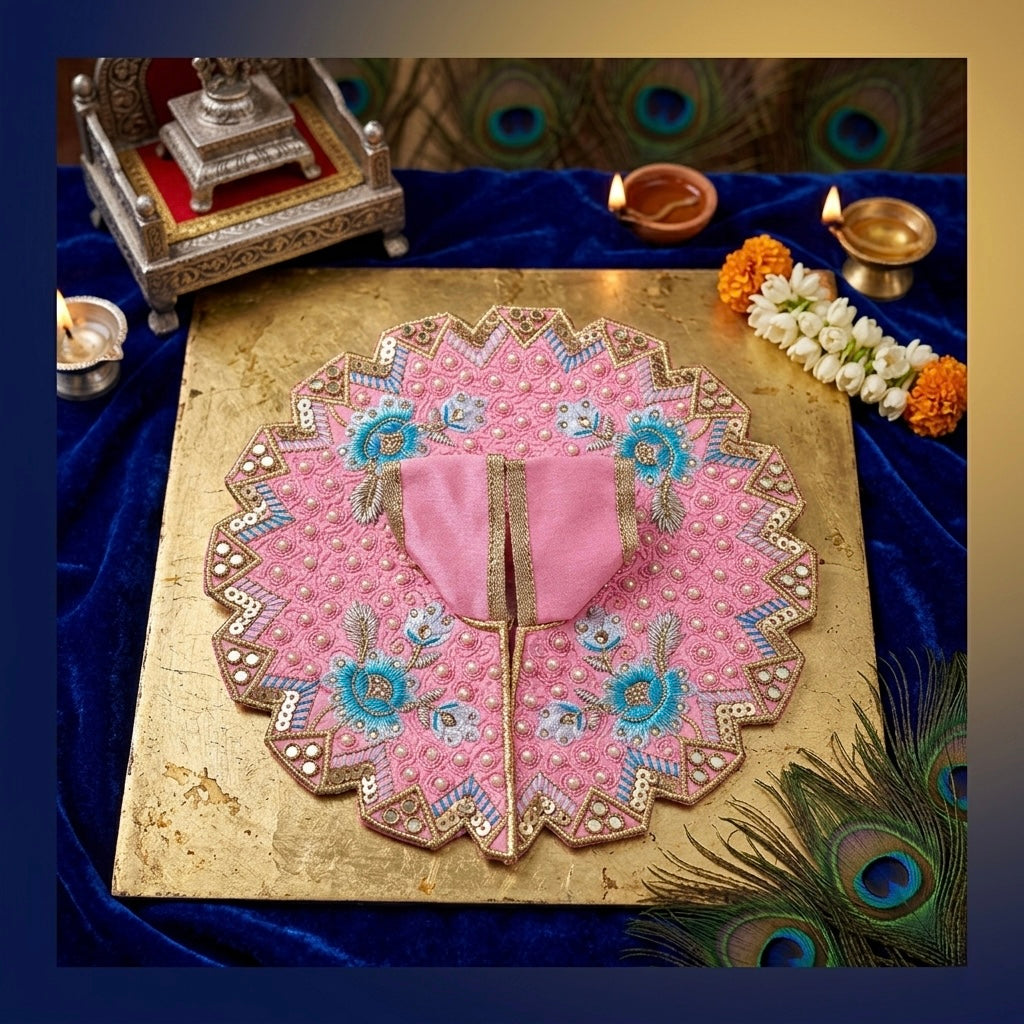 Premium Laddu Gopal Poshak (Pack of 3) – Elegant Zari & Pearl Embroidered Festive Dress Combo (Sky Blue, Pastel Pink & Olive Green)