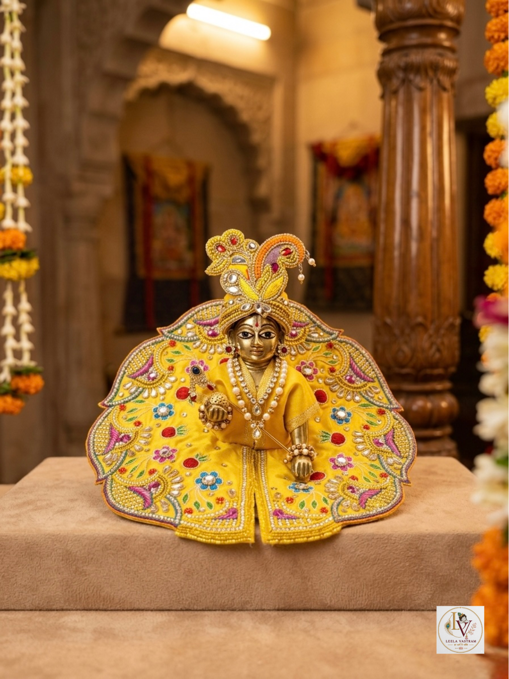 Premium Yellow Embroidered Laddu Gopal Poshak Set with Mukut, Mala