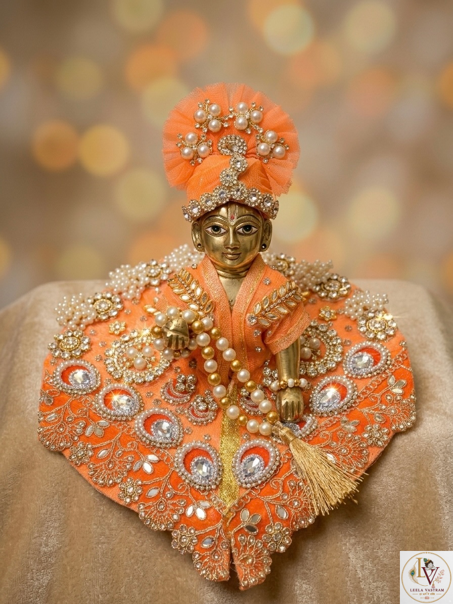 Premium Divine Orange Heavy Zardosi & Kundan Work Laddu Gopal Poshak with Matching Pagdi