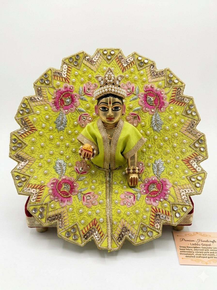 Leela Vastram Premium Laddu Gopal Poshak (Pack of 3) – Exquisite Handcrafted Festive Dresses Combo (Lime Green, Deep Orange & Royal Red)