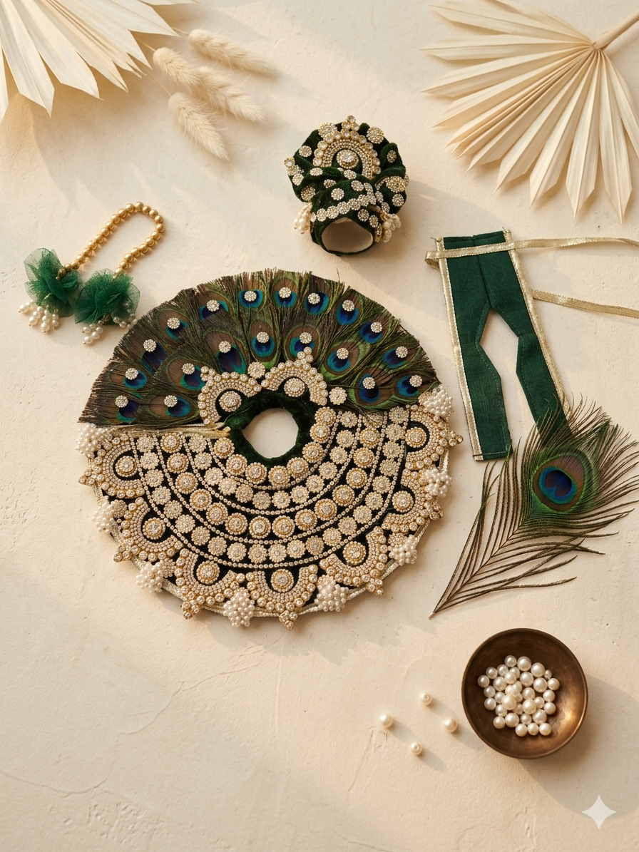 Premium Royal Emerald Velvet & Peacock Feather Laddu Gopal Poshak Set