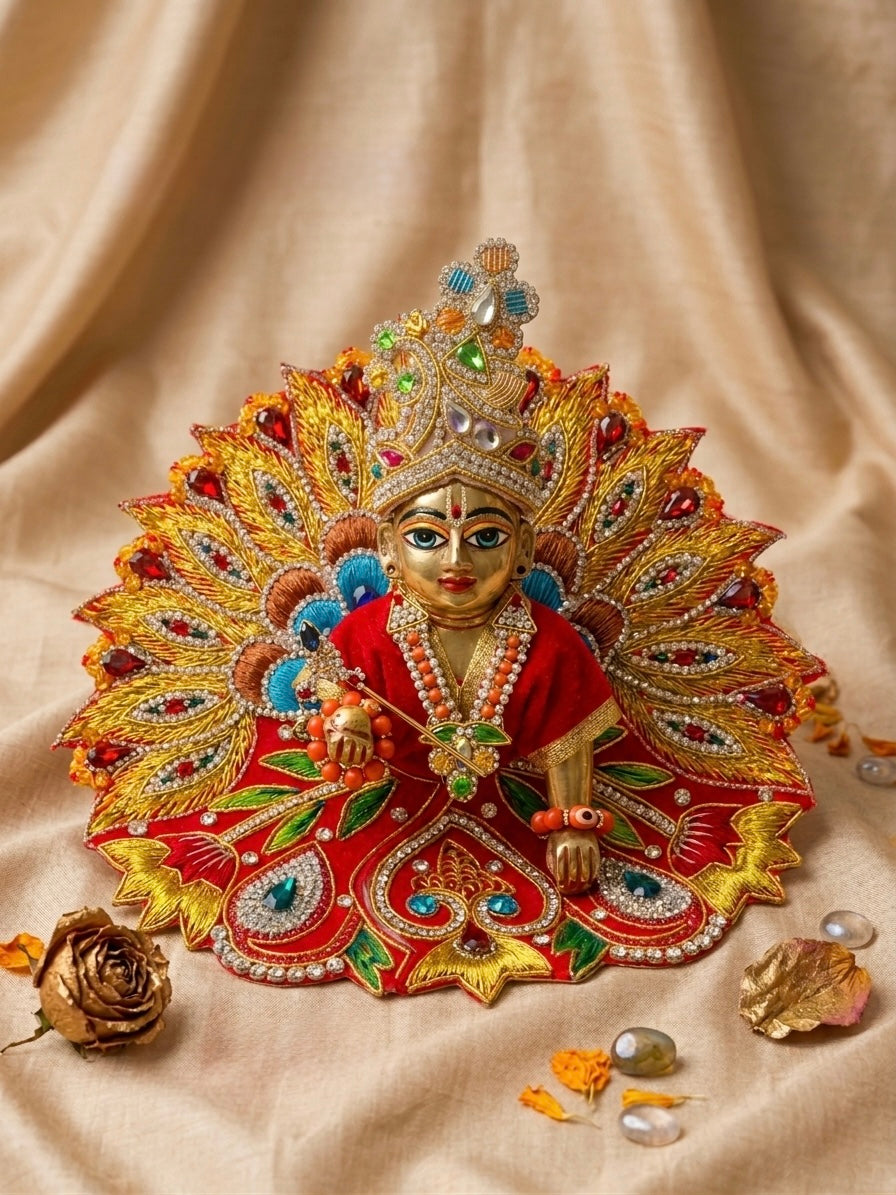 Royal Peacock Royal Red Laddu Gopal Ji Poshak – Premium Zardozi & Stone Work Dress