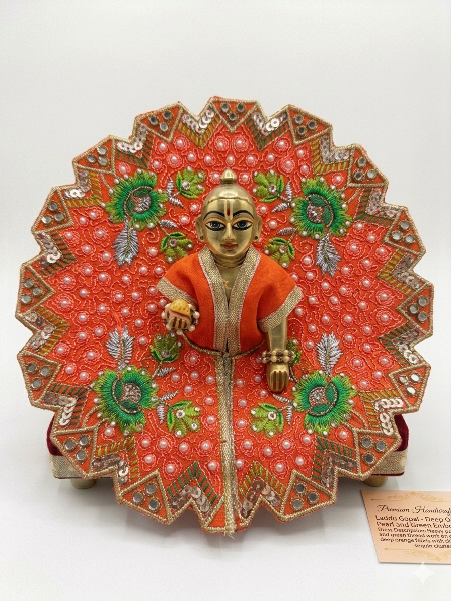 Leela Vastram Premium Laddu Gopal Poshak (Pack of 3) – Exquisite Handcrafted Festive Dresses Combo (Lime Green, Deep Orange & Royal Red)
