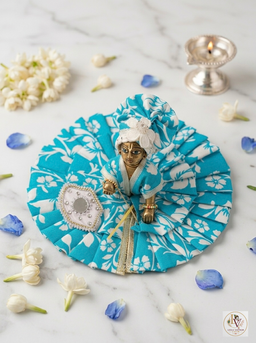 Blue Floral Cotton Laddu Gopal Poshak Set with Mukut, Attached Choli & FREE Handmade Hath Pankha
