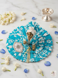 Blue Floral Cotton Laddu Gopal Poshak Set with Mukut, Attached Choli & FREE Handmade Hath Pankha