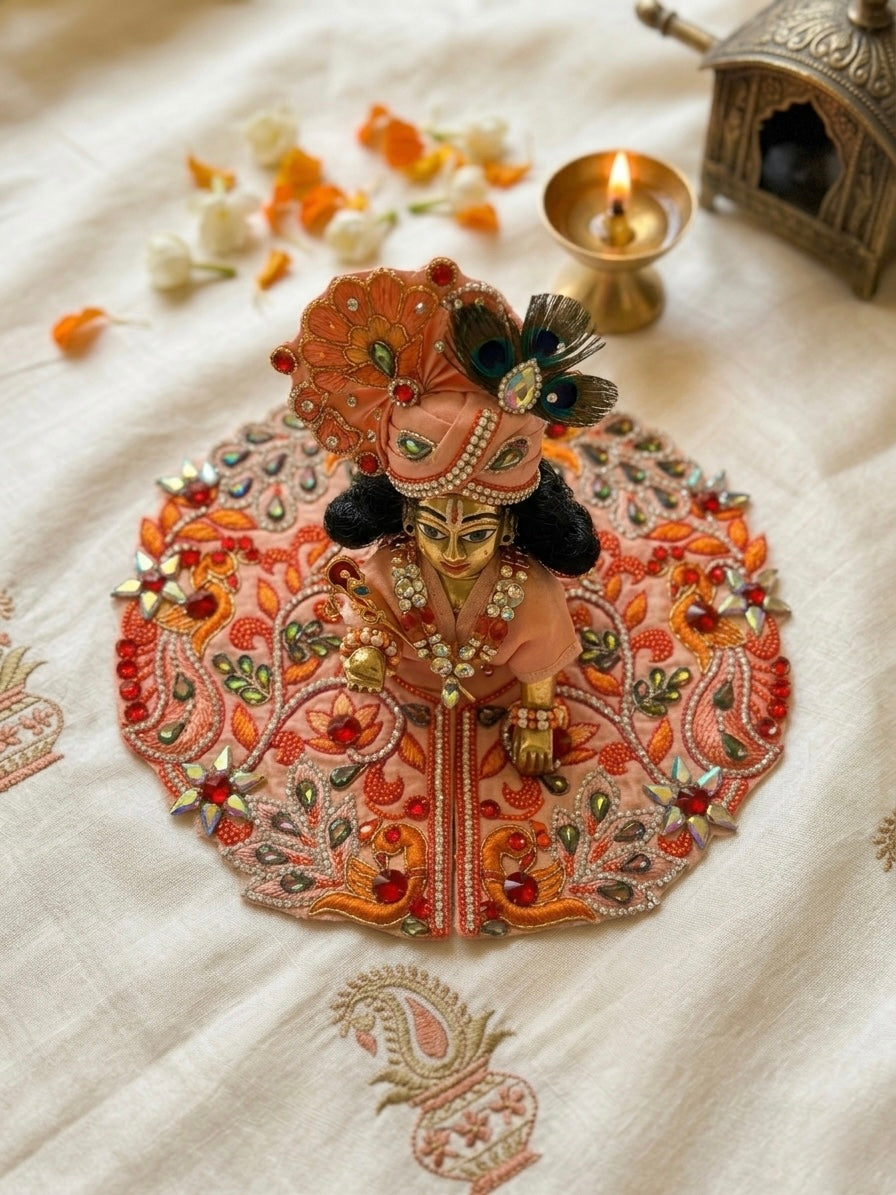 Premium Hand-Embroidered Peacock Motif Laddu Gopal Poshak – Cream & Peach Artisan Edition
