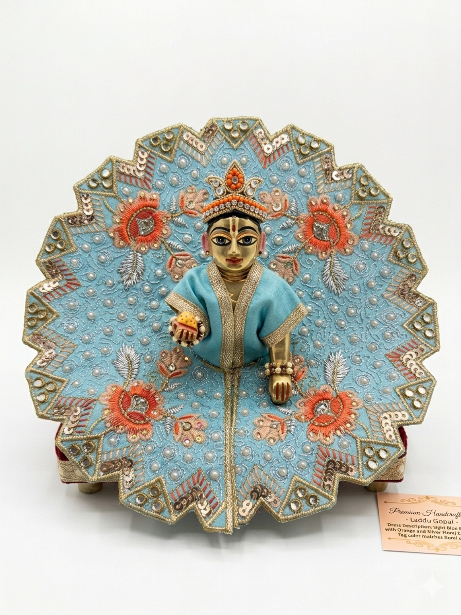 Premium Laddu Gopal Poshak (Pack of 3) – Elegant Zari & Pearl Embroidered Festive Dress Combo (Sky Blue, Pastel Pink & Olive Green)