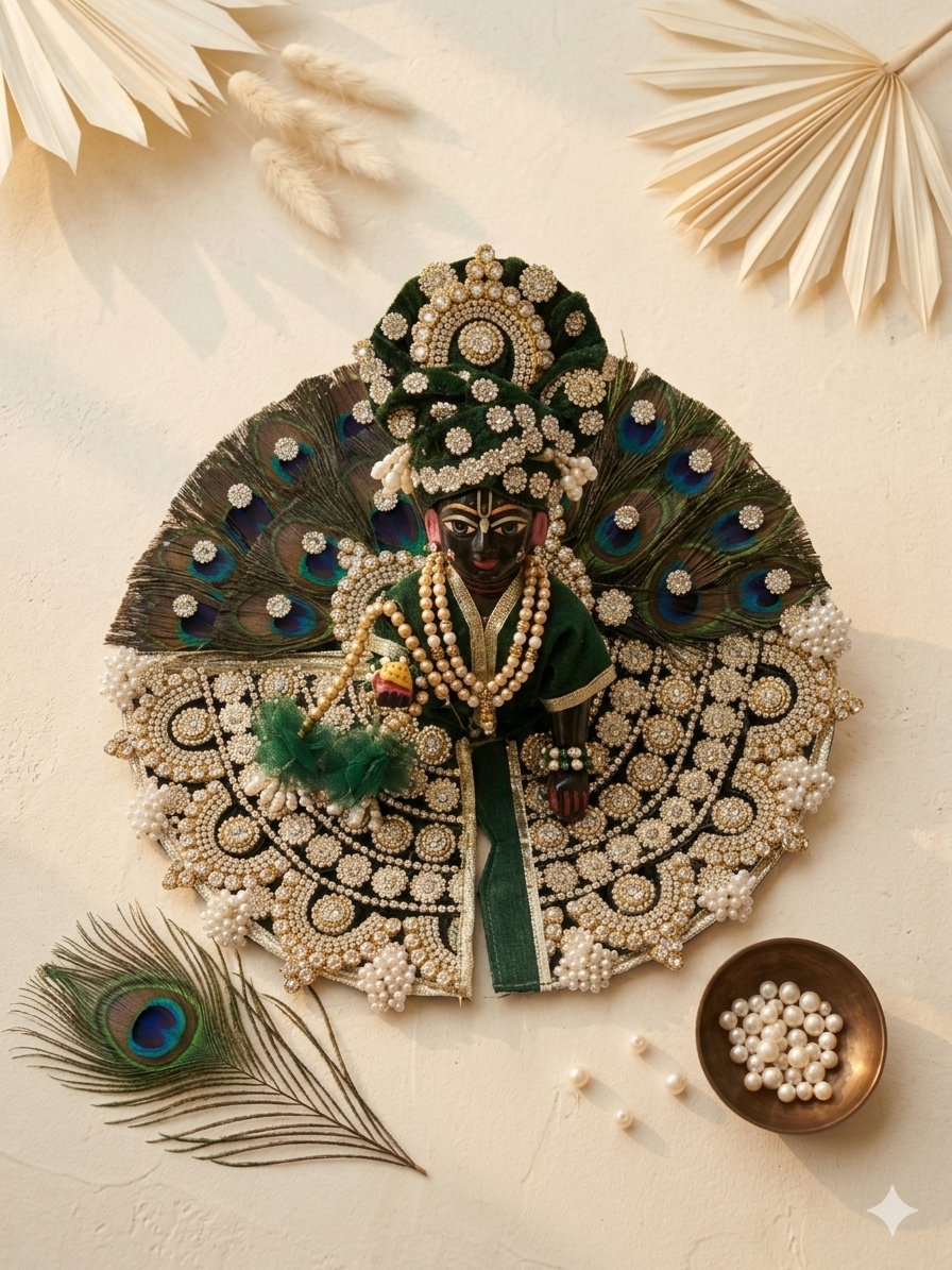 Premium Royal Emerald Velvet & Peacock Feather Laddu Gopal Poshak Set