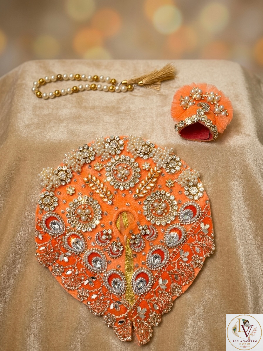 Premium Divine Orange Heavy Zardosi & Kundan Work Laddu Gopal Poshak with Matching Pagdi