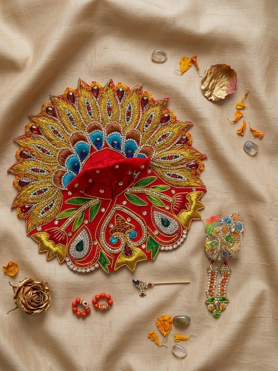 Royal Peacock Royal Red Laddu Gopal Ji Poshak – Premium Zardozi & Stone Work Dress