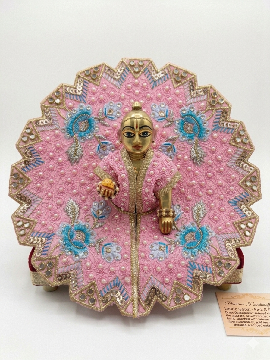 Premium Laddu Gopal Poshak (Pack of 3) – Elegant Zari & Pearl Embroidered Festive Dress Combo (Sky Blue, Pastel Pink & Olive Green)