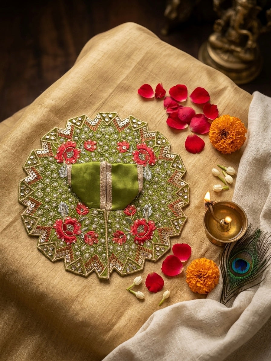 Premium Laddu Gopal Poshak (Pack of 3) – Elegant Zari & Pearl Embroidered Festive Dress Combo (Sky Blue, Pastel Pink & Olive Green)