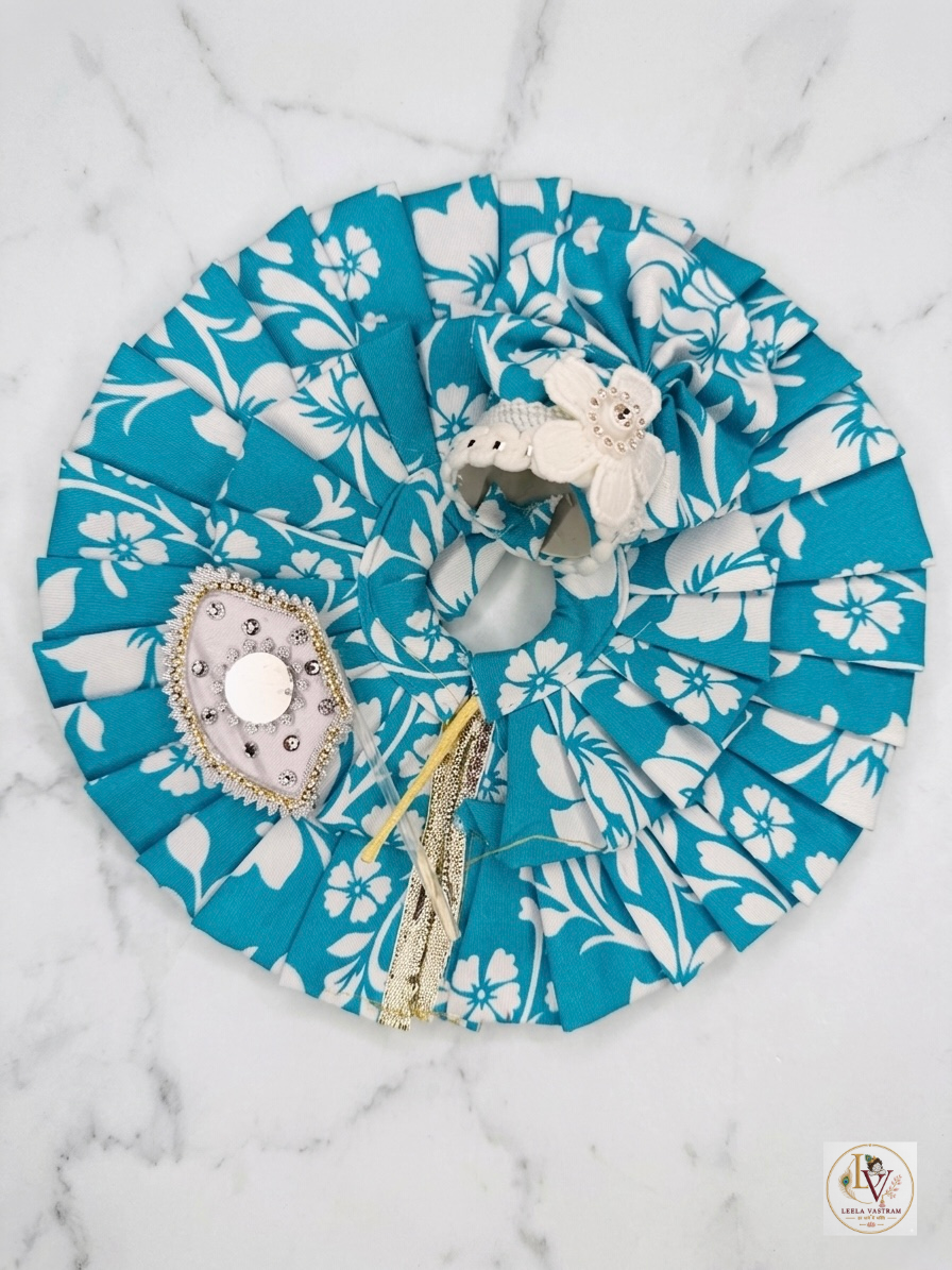 Blue Floral Cotton Laddu Gopal Poshak Set with Mukut, Attached Choli & FREE Handmade Hath Pankha